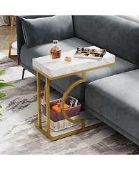 Tribesigns Set of 2 C Shaped End Table, Narrow Side Table, White Gold, Sofa Table with Metal Frame for Living Room
