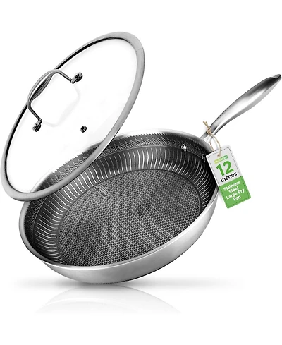 NutriChef 12'' Stir Fry Pan with Glass Lid - Triply Stainless Steel Cookware, Dakin Etching Non-Stick Coating Inside and Outside