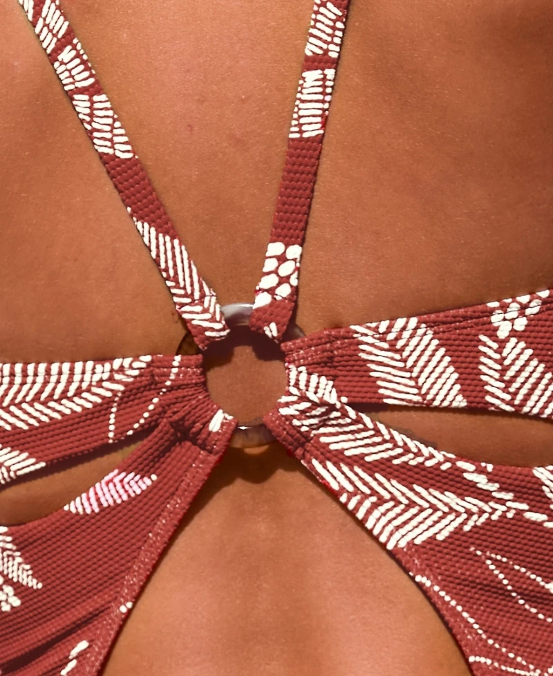 Cupshe Women's Brick Red Botanical Prints Front Keyhole Gathered Back One-Piece Swimsuit