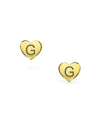 Bling Jewelry Minimalist Alphabet Initial Letter A-z Real Yellow 14K Gold Screw back Mini Solid Heart Shaped Stud Earrings