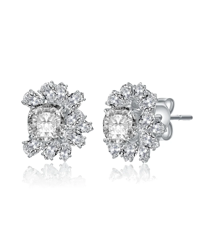 Sterling Silver 14k Gold Plated Cubic Zirconia Flower Cluster Stud Earrings