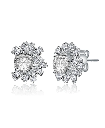 Sterling Silver 14k Gold Plated Cubic Zirconia Flower Cluster Stud Earrings