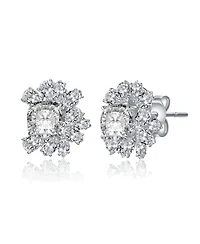 Sterling Silver 14k Gold Plated Cubic Zirconia Flower Cluster Stud Earrings