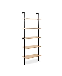 Madera Industrial 5-Shelf Wood Wall-Mounted Open Ladder Bookcase, Metal Frame