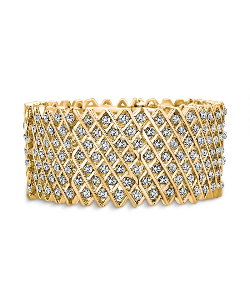 Bling Jewelry Wide Pink Rose Gold Plated White Crystal Encrusted Statement Stretch Bracelet