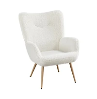 Yaheetech Faux Fur Fabric Boucle Accent Chair with Smiling Mouth Tufted High Back, Tapered Legs White