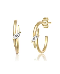 Sterling Silver 14K Gold Plated with Clear Cubic Zirconia Double Curve C-Hoop Earrings