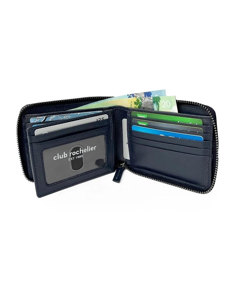 Club Rochelier Men's Full Leather Zipper Around Wallet with Center Wing