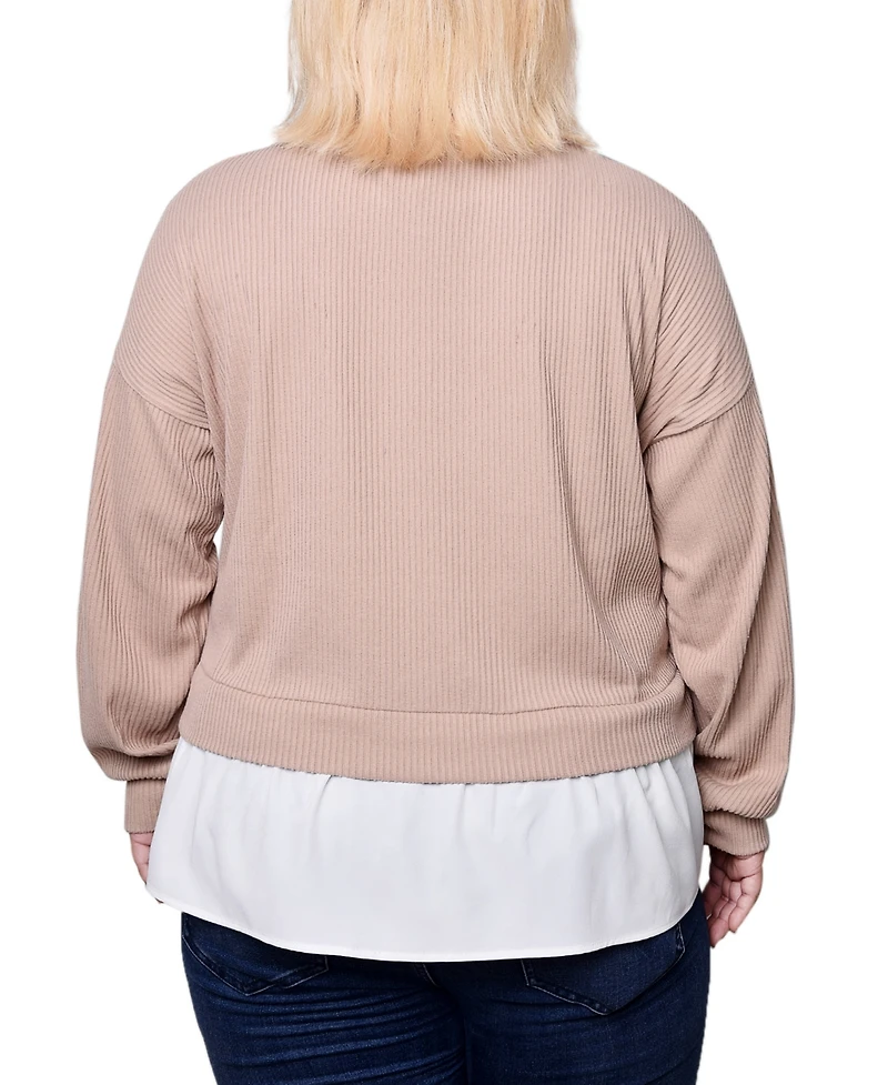 Ny Collection Plus Size Long Sleeve Two-Fer Top with Gathered Inset