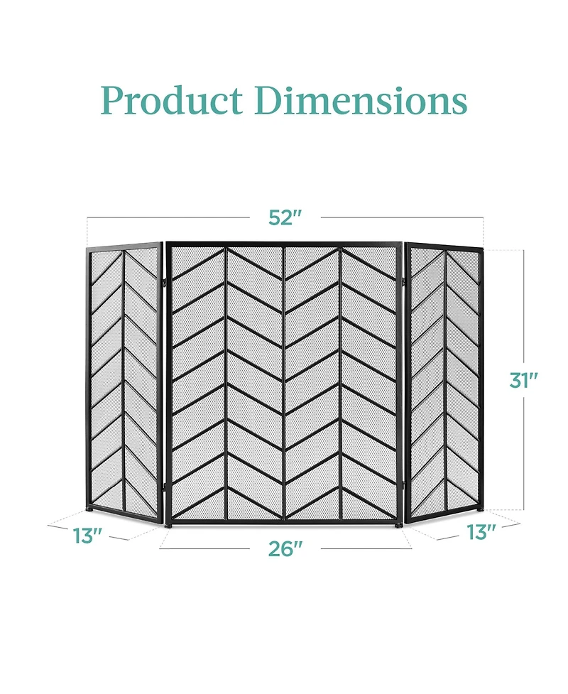 Best Choice Products 52x31in 3-Panel Iron Chevron Fireplace Screen, Spark Guard w/ Handles