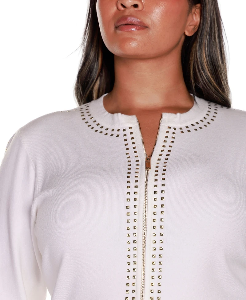 Belldini Black Label Plus Size Crewneck Embellished Zip Cardigan Sweater