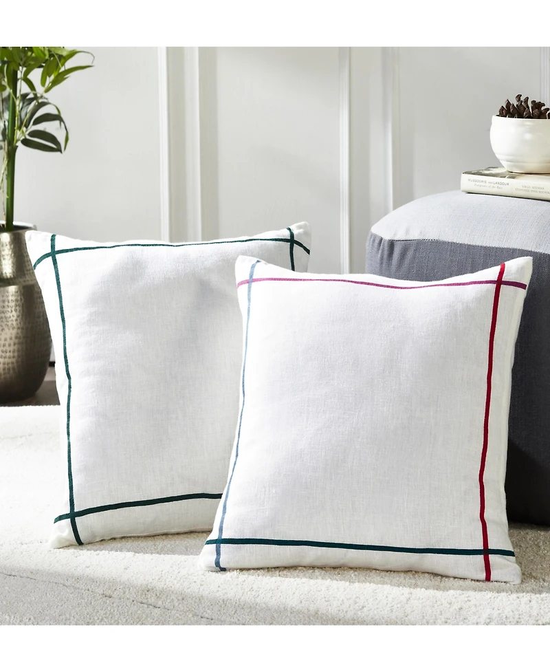Ihi Home Solid Linen Pillow with Multicolor Strips, 20"Sq