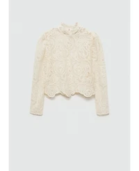 Mango Women's High-Neck Sheer Cotton Lace Blouse