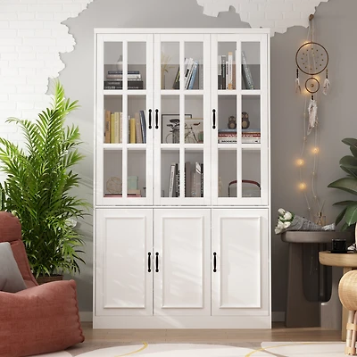 White 10-Shelf Wood Standard Bookcase With Doors, Drawers
