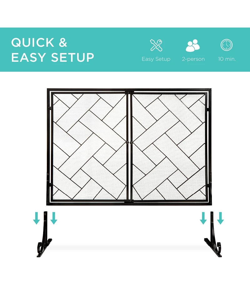 Best Choice Products 44x33in 2-Panel Handcrafted Wrought Iron Geometric Fireplace Screen w/ Magnetic Doors