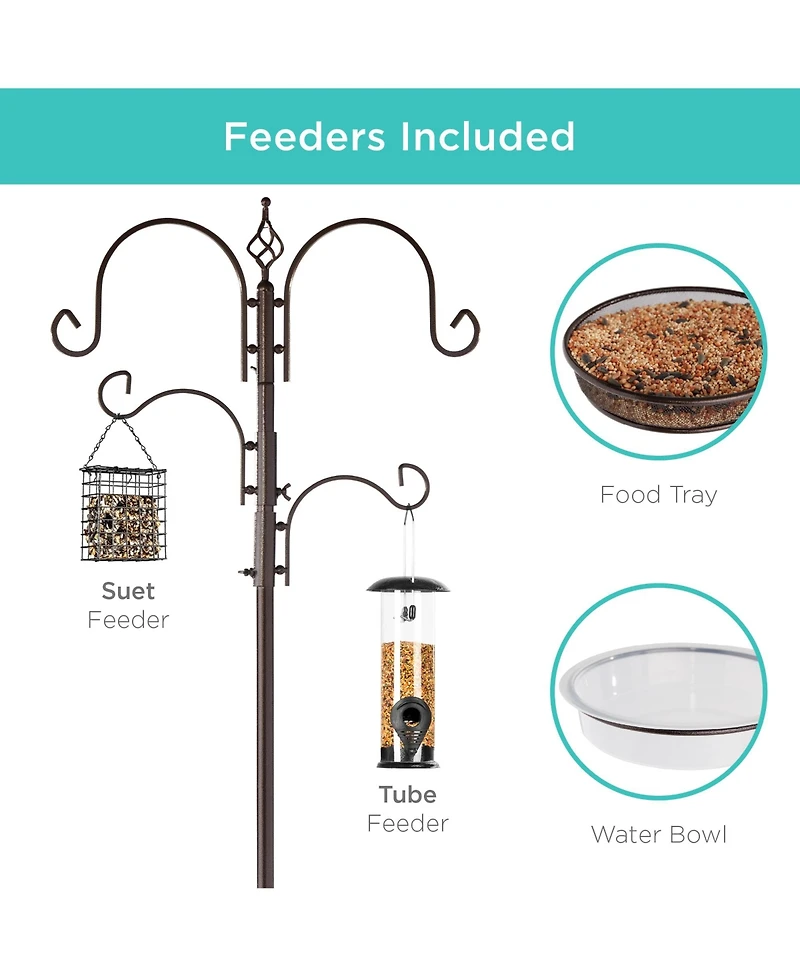 Best Choice Products 91in 4-Hook Bird Feeding Station, Steel Multi-Feeder Stand w/ 2 Feeders, Tray, Bird Bath