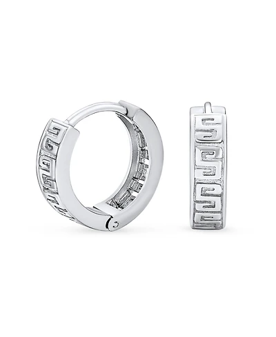 Bling Jewelry Cutout European Greek Key Design Huggie Hoop Earrings .925 Sterling Silver Hinged Diameter 0.65 Inch