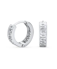 Bling Jewelry Cutout European Greek Key Design Huggie Hoop Earrings .925 Sterling Silver Hinged Diameter 0.65 Inch