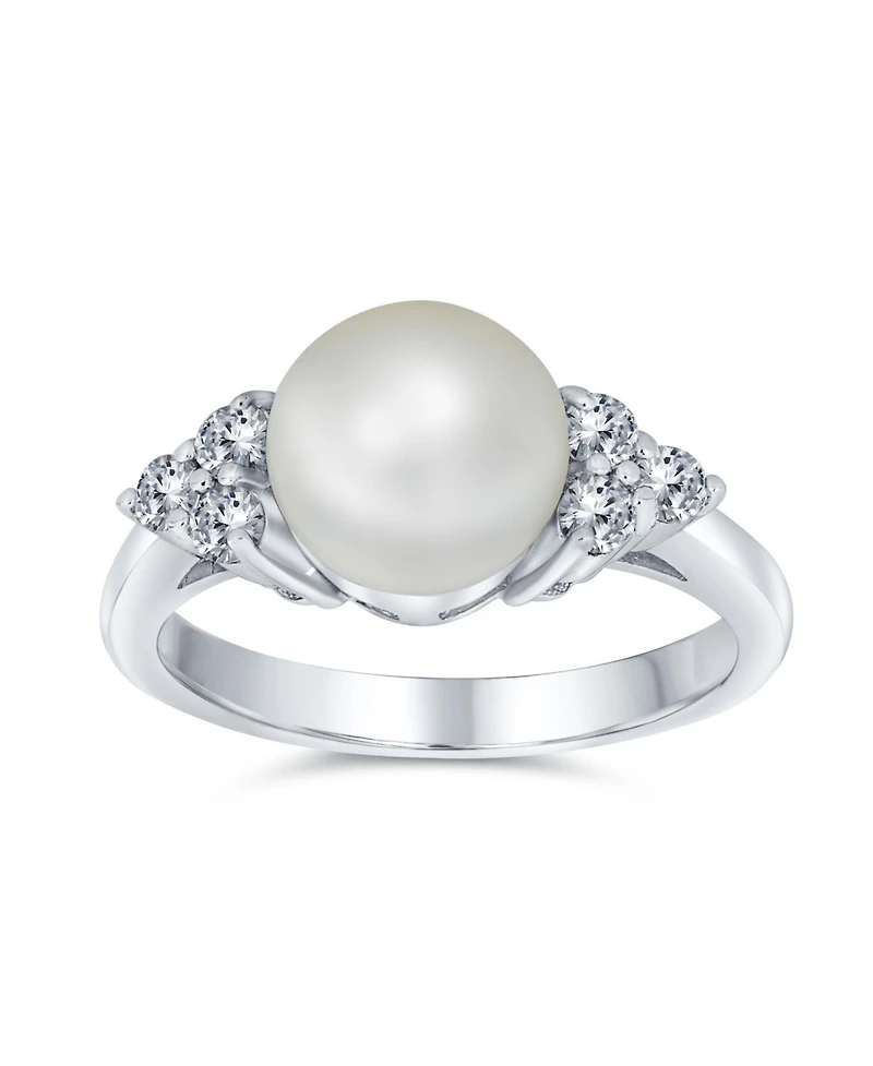 Bling Jewelry Bridal Party Cz Halo Side Stones White Solitaire Freshwater Cultured Pearl Engagement Cocktail Ring For Women .925 Sterling Silver