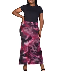24seven Comfort Apparel Plus Fold Over Waist Printed Maxi Skirt