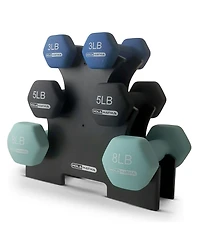 HolaHatha 3, 5, and 8 Pound Dumbbell Hand Weight Set with Storage Rack