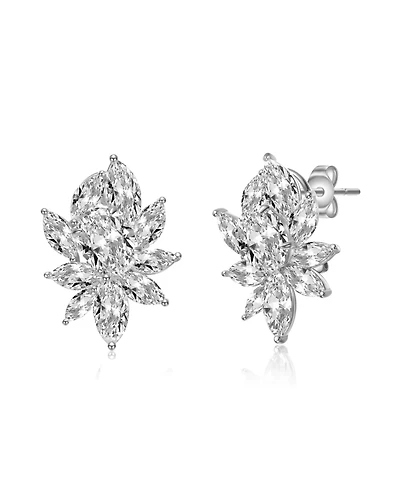 Sterling Silver with Clear Cubic Zirconia Corsage Flower Cluster Stud Earrings in White Gold Plated and 14k Gold plated