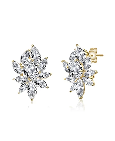 Sterling Silver with Clear Cubic Zirconia Corsage Flower Cluster Stud Earrings White Gold plated and 14k