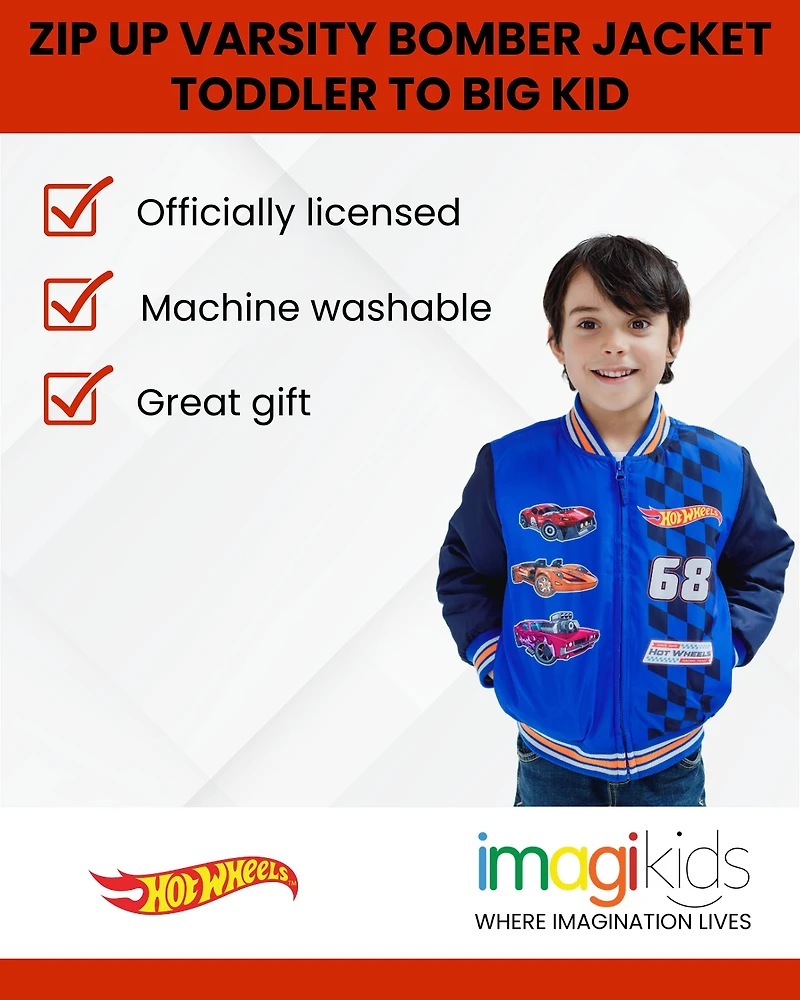 Hot Wheels Boys Zip Up Varsity Bomber Jacket to (3T - 10-12)