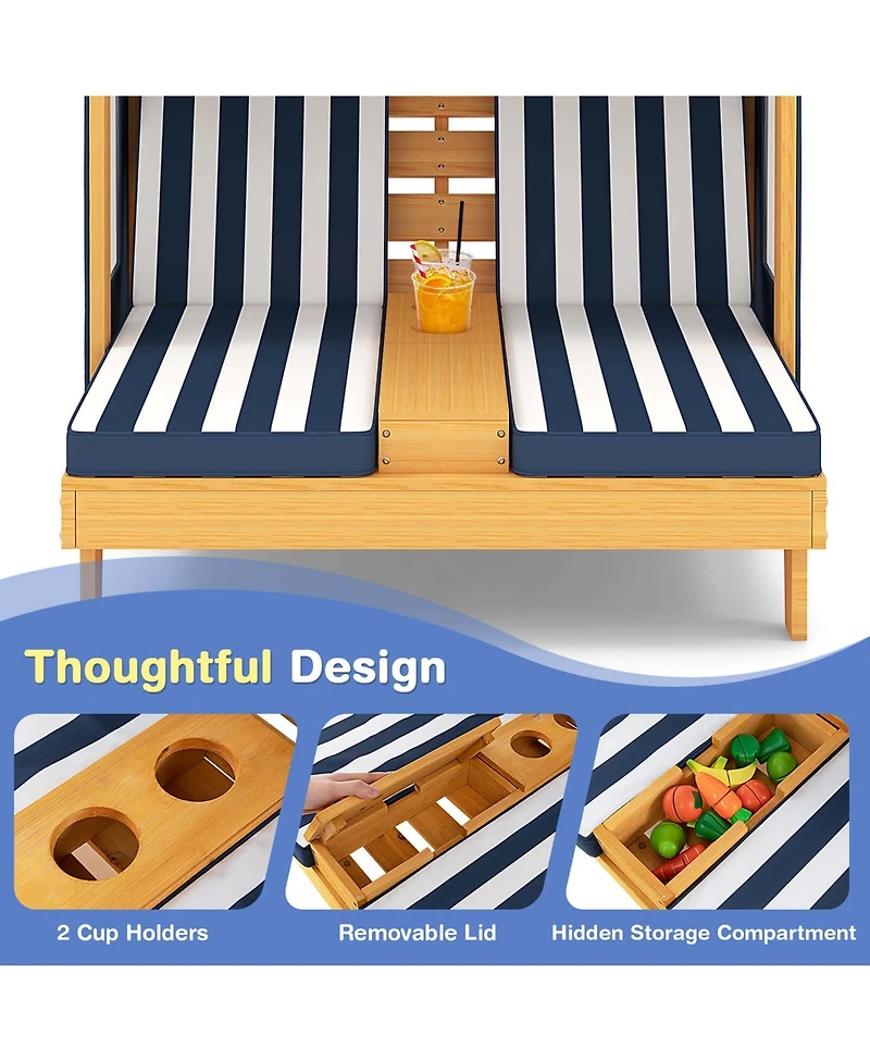 Costway Kids Double Chaise Lounge Patio Lounge Chair with Cup Holders & Awning
