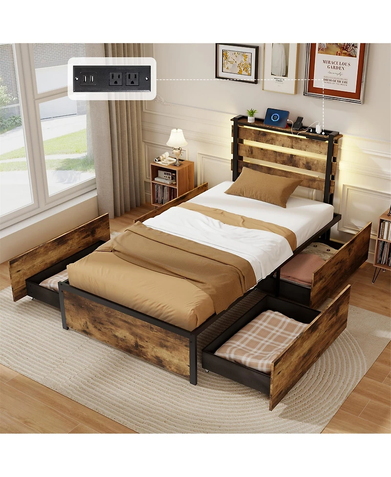 Gymax Twin Size Bed Frame w/ Drawers Led Lights Outlets & Usb Ports Smart App Control