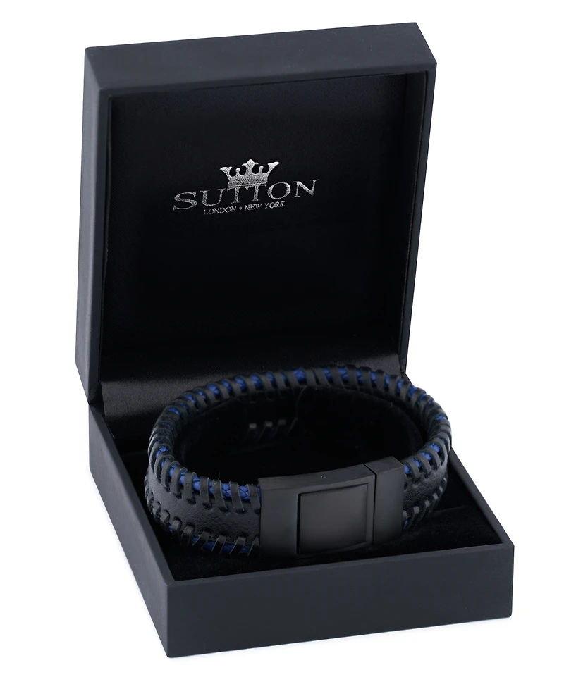 Rhona Sutton Stainless Steel Stylish Black and Blue Chunky Leather Bracelet