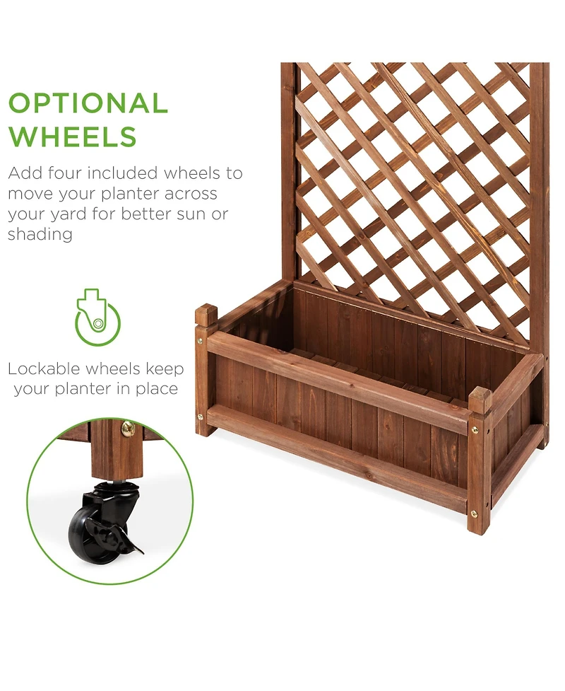 Best Choice Products Set of 2 48in Wood Planter Box & Diamond Lattice Trellis, w/ Drainage, Optional Wheels - Walnut