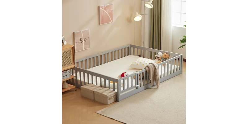 Slickblue Grey Painted Pine Full Fence Bed with Door and Board for Kids