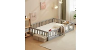 Slickblue Grey Painted Pine Full Fence Bed with Door and Board for Kids