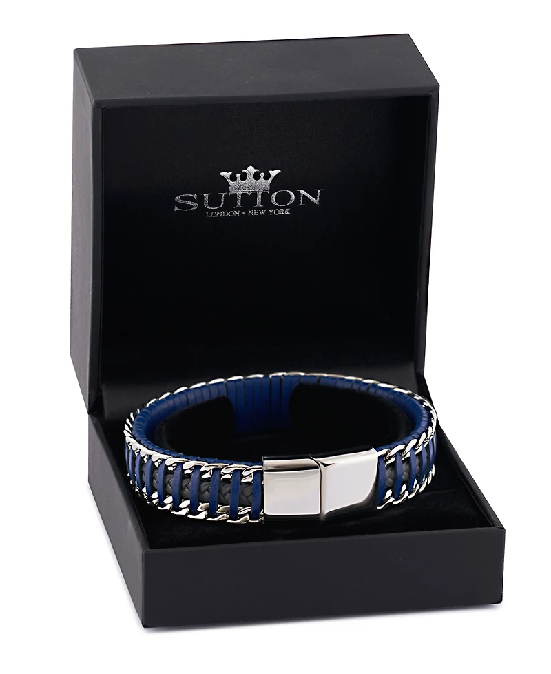 Rhona Sutton Blue Grey Leather with Chain Stainless Steel Bracelet