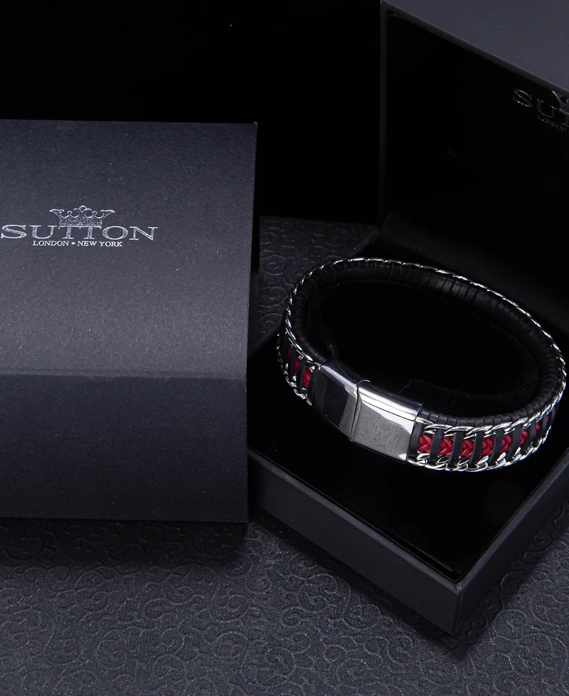 Rhona Sutton Black Red Leather with Chain Stainless Steel Bracelet