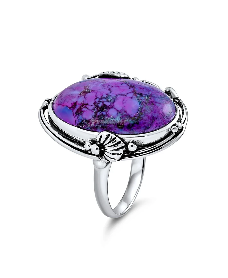 Bling Jewelry Large Dome Oval Cabochon Bezel Leaf Set Blue Purple Natural Turquoise Western Statement Ring Oxidized .925 Sterling Silver