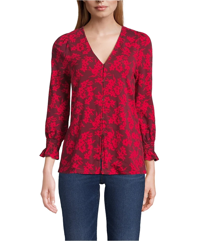 Lands' End Women's 3/4 Sleeve Lightweight Jersey Button Front Top