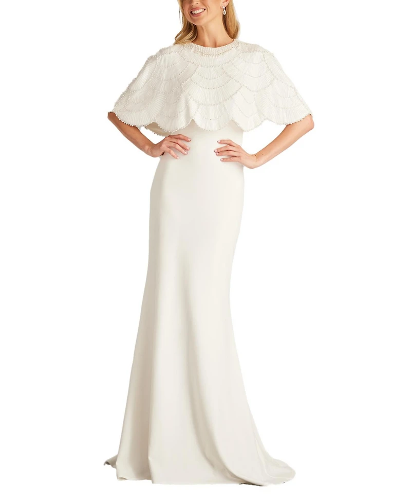 Tadashi Shoji Women's Reba Embellished Cape Overlay Bridal Gown