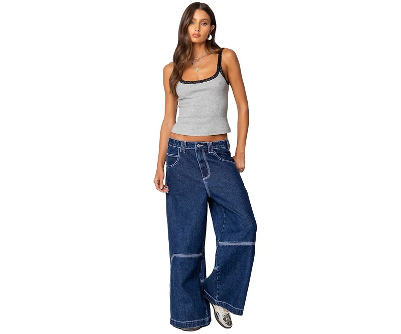 Edikted Womens Jude Lacey Ribbed Tank Top