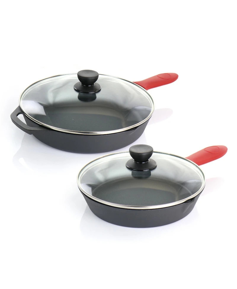 MegaChef Pre-Seasoned 6 Piece Cast Iron Skillet Set with Lids and Red Silicone Holders