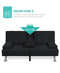 Best Choice Products Modern Linen Convertible Futon Sofa Bed w/ Removable Armrests, Metal Legs, Cupholders