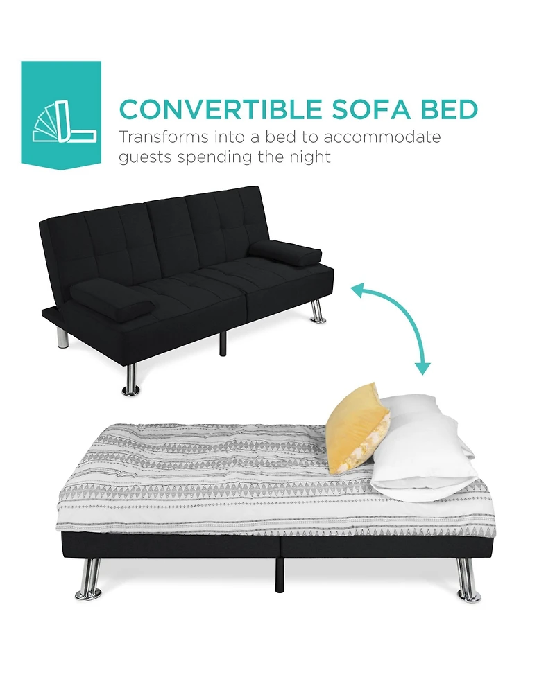 Best Choice Products Modern Linen Convertible Futon Sofa Bed w/ Removable Armrests, Metal Legs, Cupholders