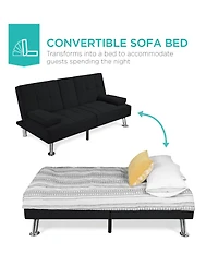 Best Choice Products Modern Linen Convertible Futon Sofa Bed w/ Removable Armrests, Metal Legs, Cupholders