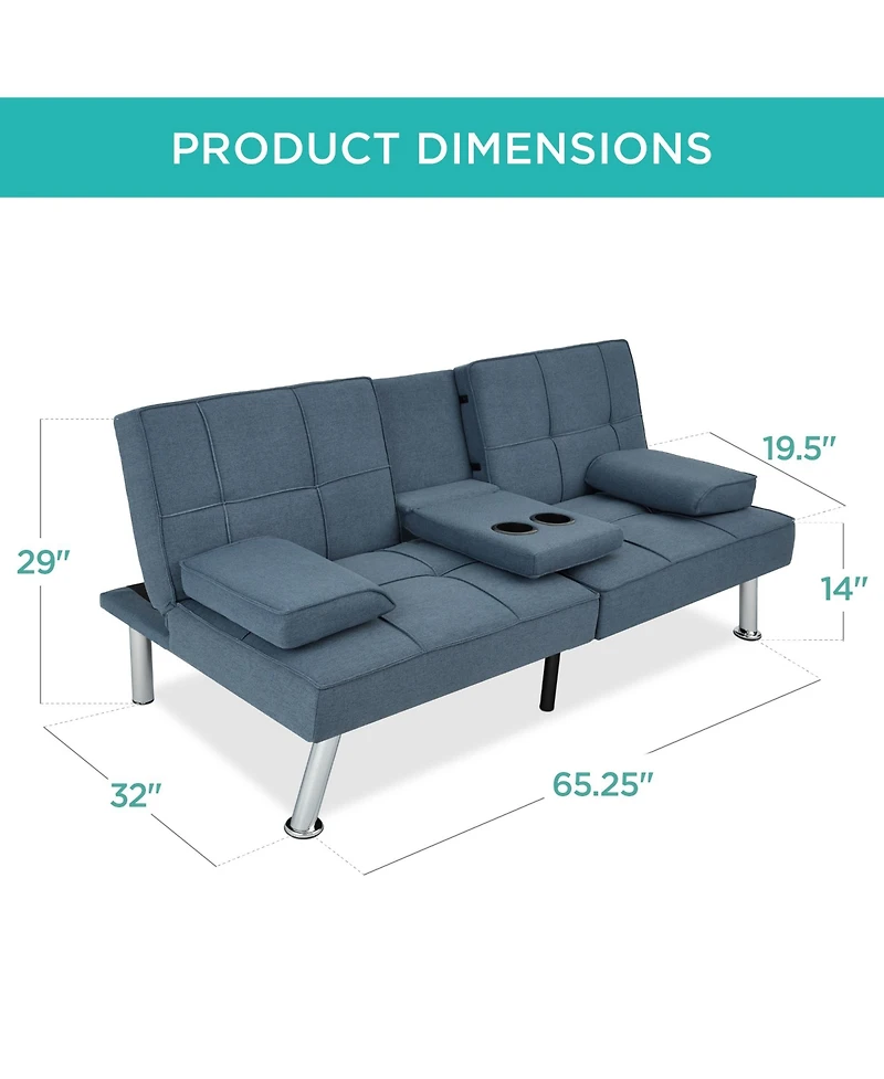 Best Choice Products Modern Linen Convertible Futon Sofa Bed w/ Removable Armrests, Metal Legs, Cupholders
