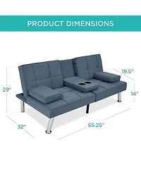 Best Choice Products Modern Linen Convertible Futon Sofa Bed w/ Removable Armrests, Metal Legs, Cupholders