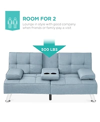 Best Choice Products Modern Linen Convertible Futon Sofa Bed w/ Removable Armrests, Metal Legs, Cupholders