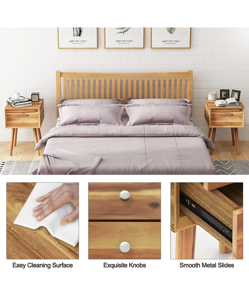 Gymax 2PCS Wooden Nightstand Mid-Century End Side Table W/2 Storage Drawers Natural