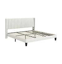 Yaheetech King Upholstered Bed Frame with Wing Side, Platform Bed Frame with Channel Headboard, Mattress Foundation with Wood Slat Support, Beige