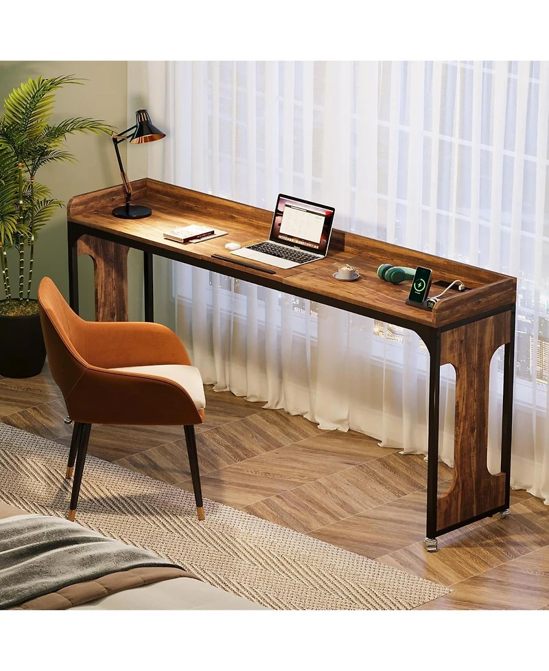 Tribesigns Overbed Table with Wheels, 71" Queen Size Bed Table with Adjustable Tilt Board, Mobile Laptop Cart with Outlets & Usb Ports